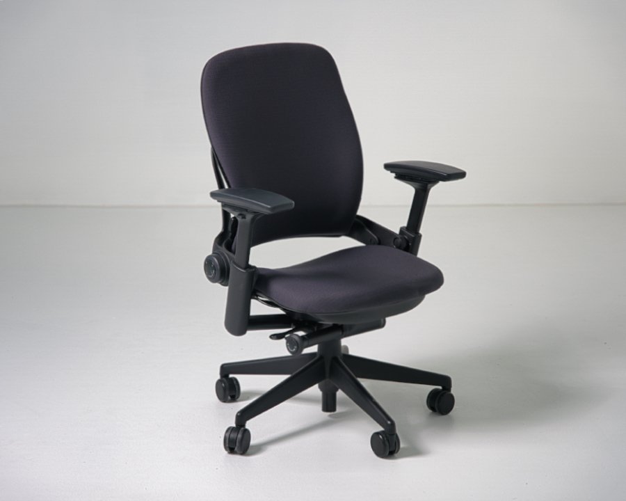 Angled view of refurbished Steelcase Leap V2 task chair in black