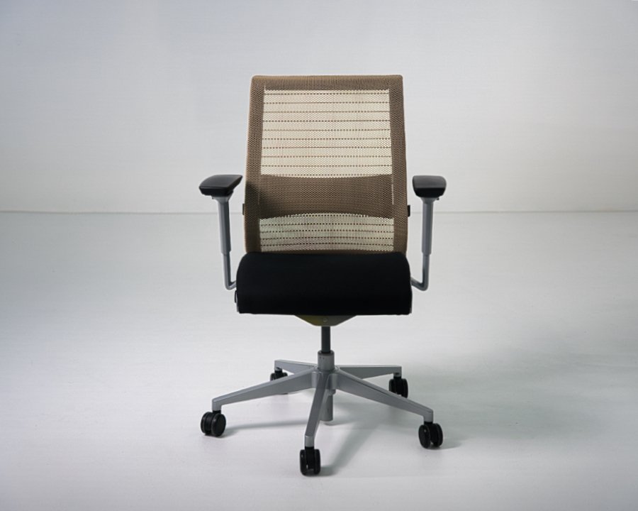 Refurbished Steelcase Think V1 task chair with tan mesh back and black fabric seat