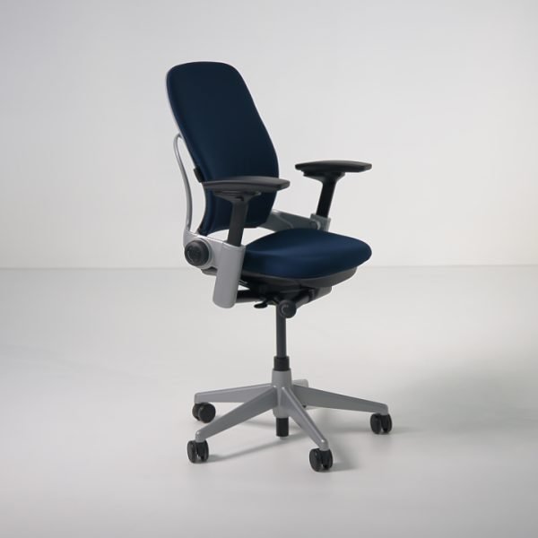 Angled view of refurbished Steelcase Leap V2 chair in navy