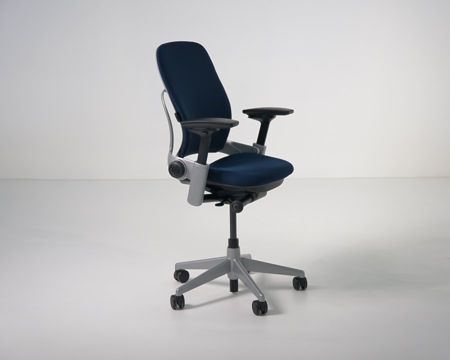 Angled view of refurbished Steelcase Leap V2 chair in navy