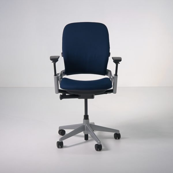 Refurbished Steelcase Leap V2 task chair with navy upholstered seat and back front view