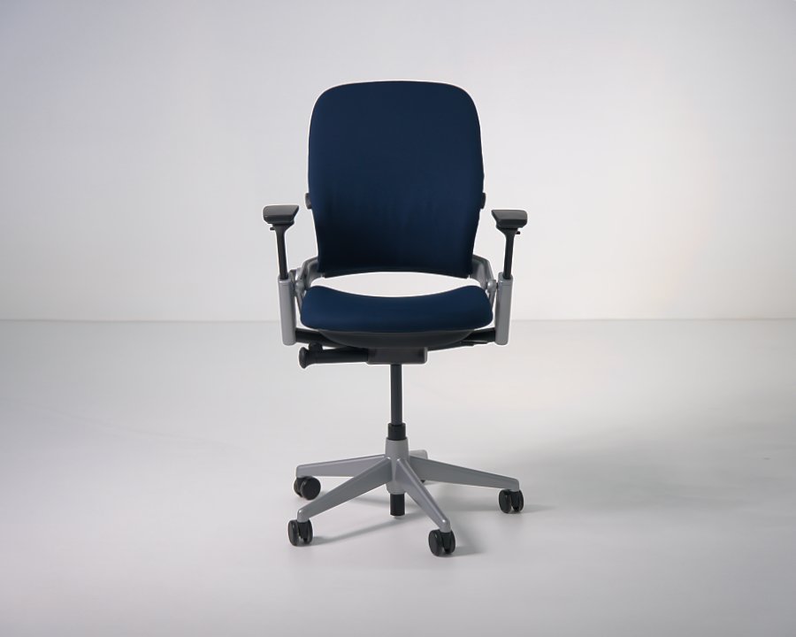 Refurbished Steelcase Leap V2 task chair with navy upholstered seat and back front view