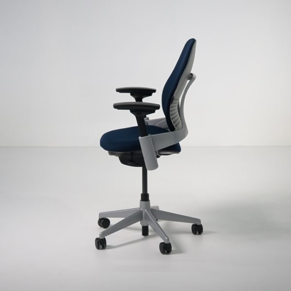 Side view of refurbished Steelcase Leap V2 task chair in navy