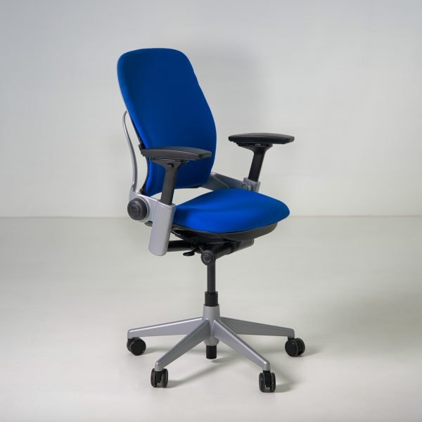 Refurbished Steelcase Leap V2 ergonomic chair in royal blue fabric side angle view