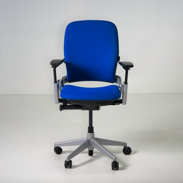 Refurbished Steelcase Leap V2 task chair in royal blue fabric upholstery front view