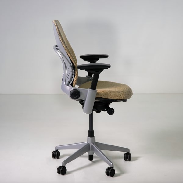 Refurbished Steelcase Leap V2 task chair in tan patterned fabric side view
