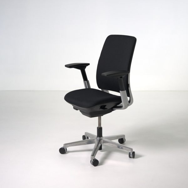 Refurbished Steelcase Amia chair angled view showing armrest and seat cushion detail