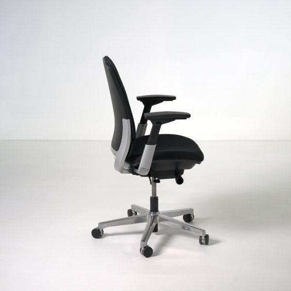 Side profile of refurbished Steelcase Amia task chair showing adjustable arm and recline mechanism