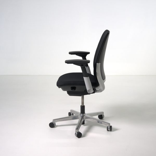 Refurbished Steelcase Amia chair side view highlighting seat depth and base